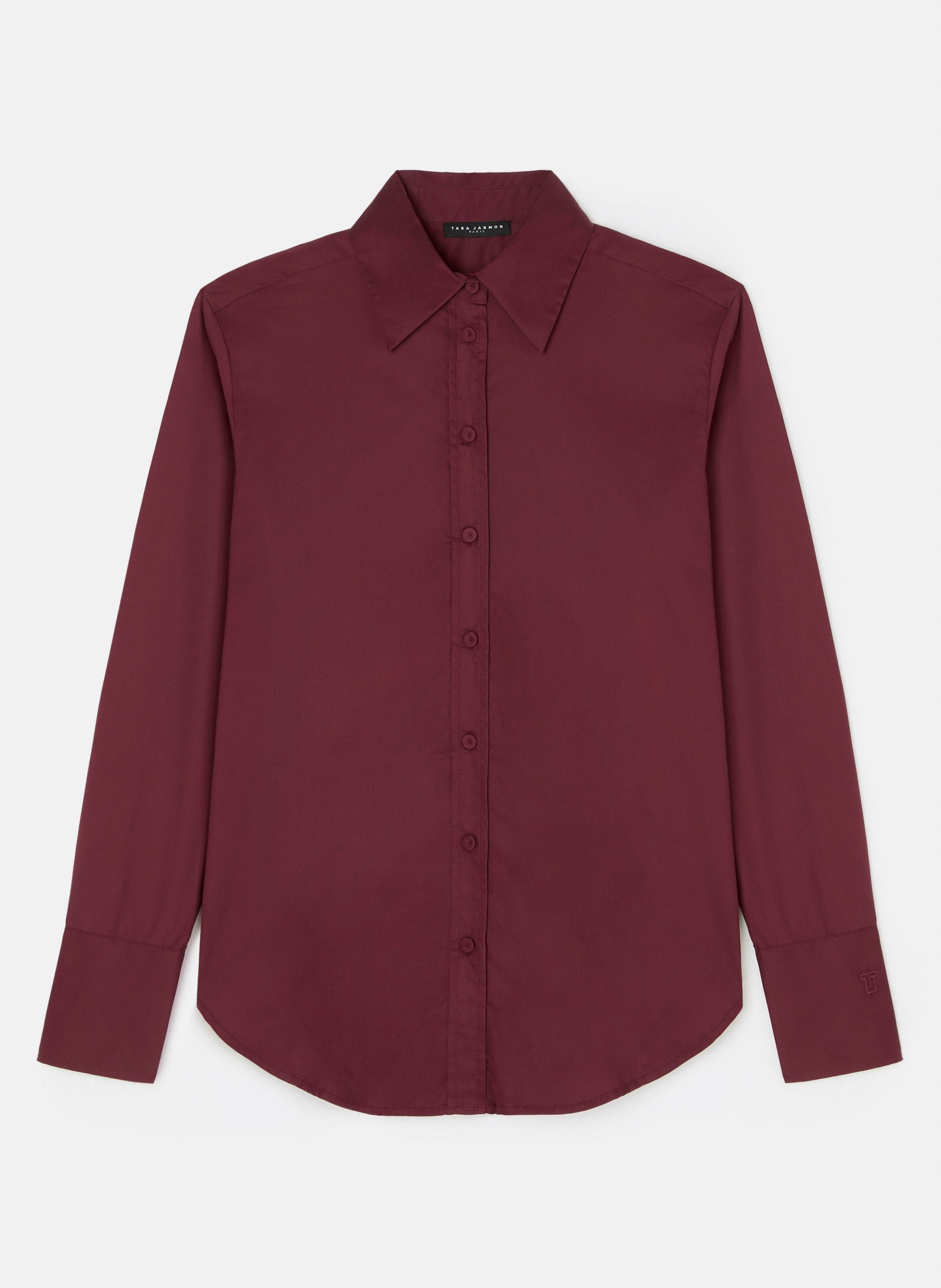 Women's burgundy cotton poplin long sleeves shirt with buttoned cuffs. 