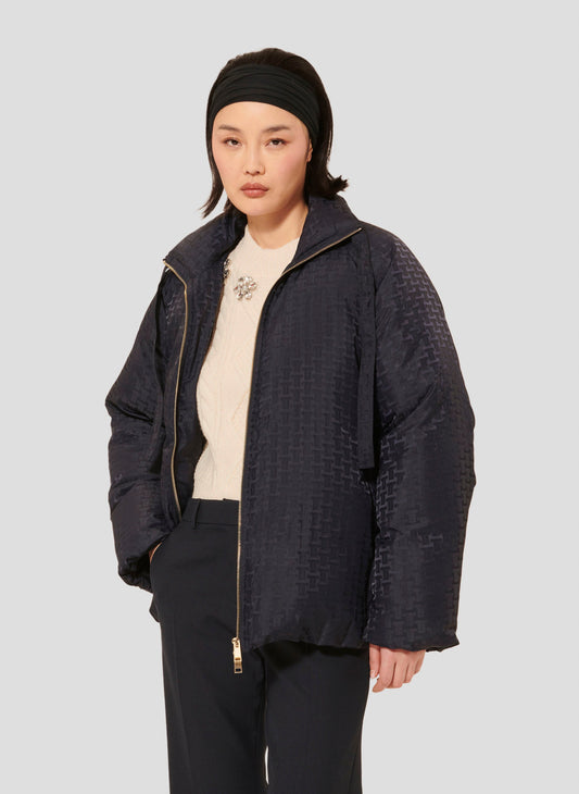 Warm Midnight Blue Jacket with High Collar and Tie Detail.