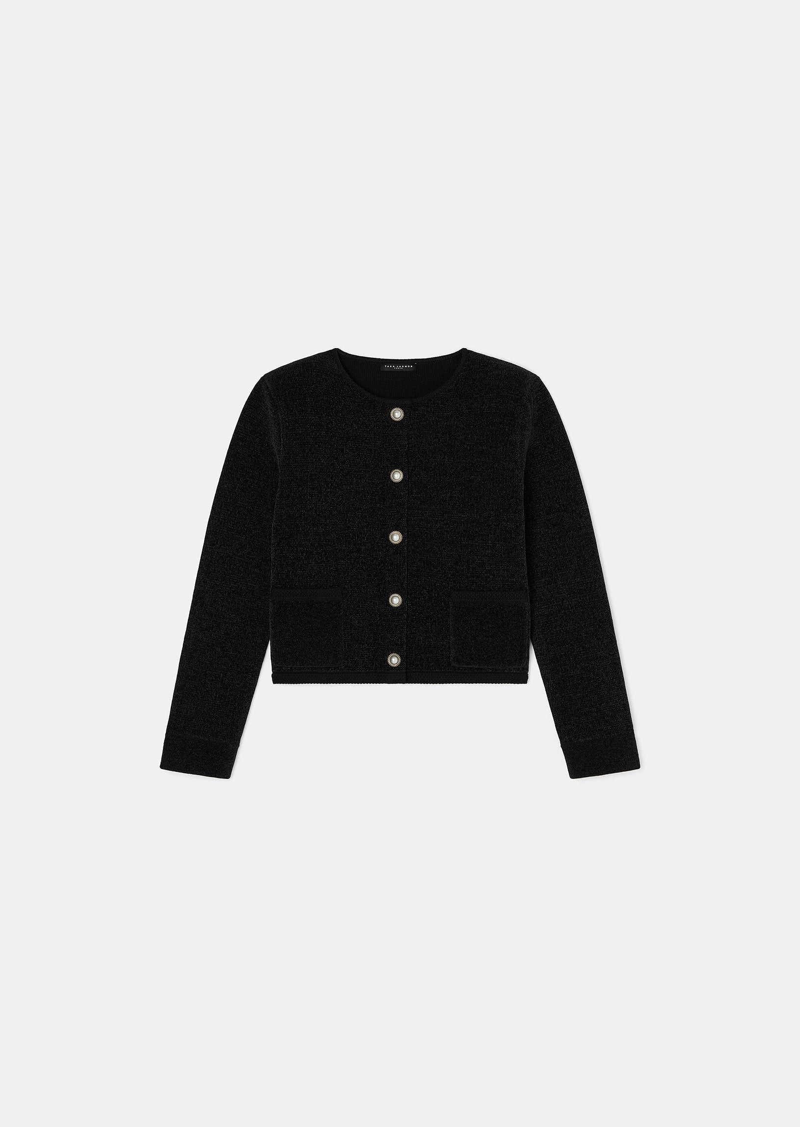 Black cardigan with round collar, long sleeves, buttoned cuffs and a short straight cut.
