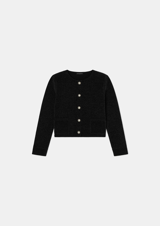 Black cardigan with round collar, long sleeves, buttoned cuffs and a short straight cut.