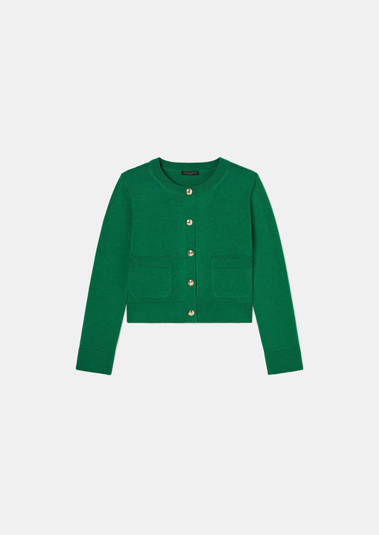 Tara Jarmon green wool cardigan with gold buttons