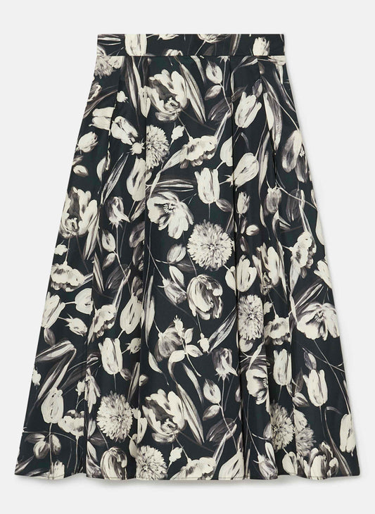 Tara Jarmon high waist, long black skirt, ecru tulip print, with two side pockets.