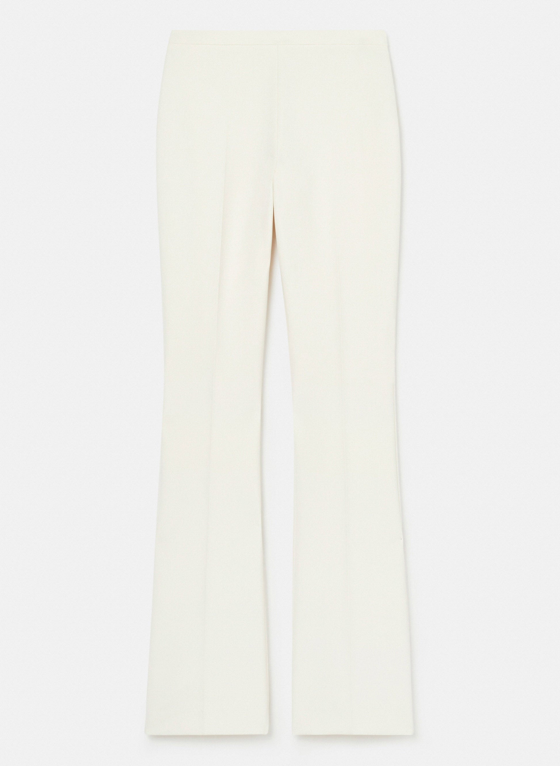 Women's mid-rise waist ecru flare pants.