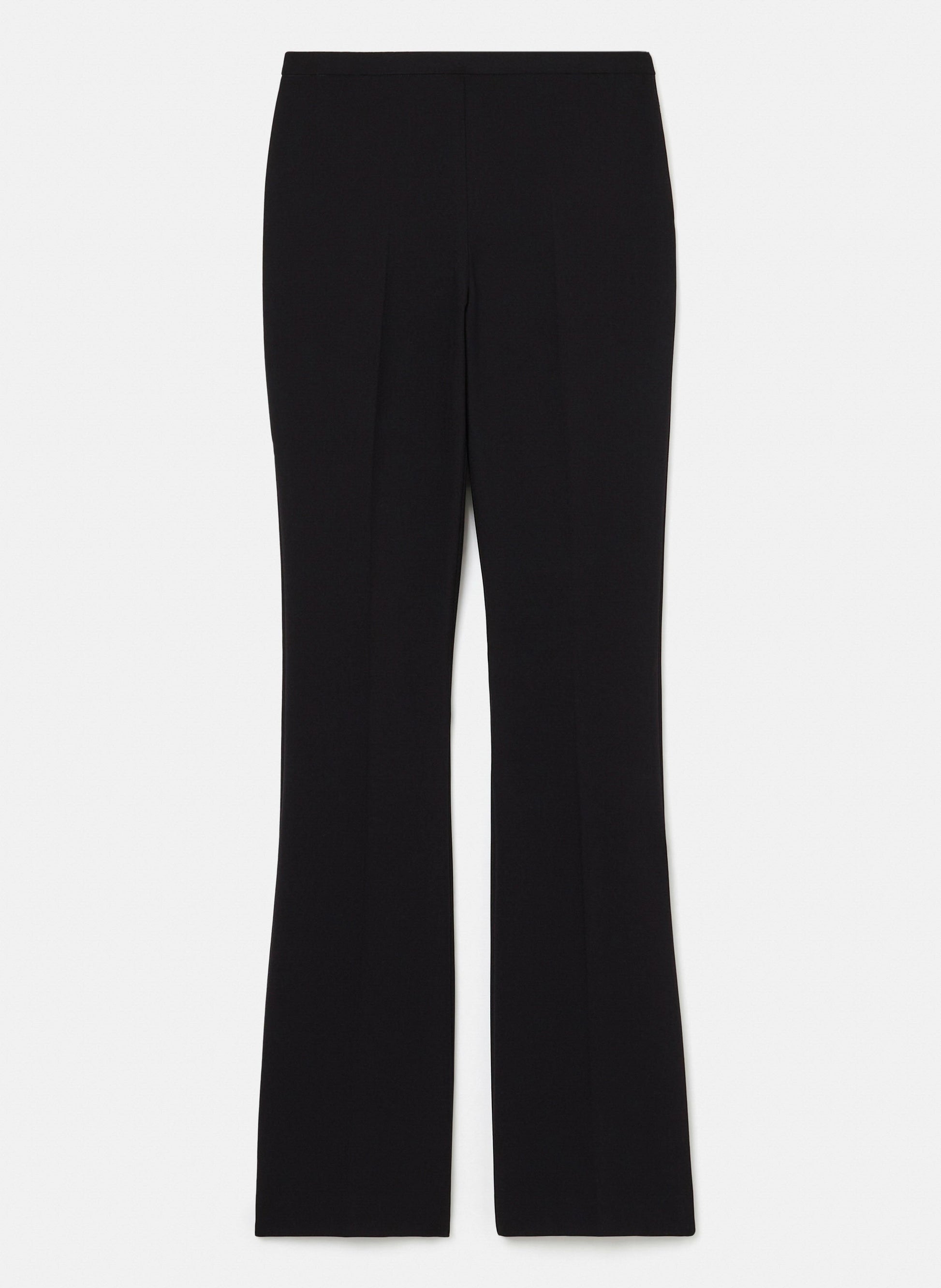 Women's mid-rise waist black flare pants.