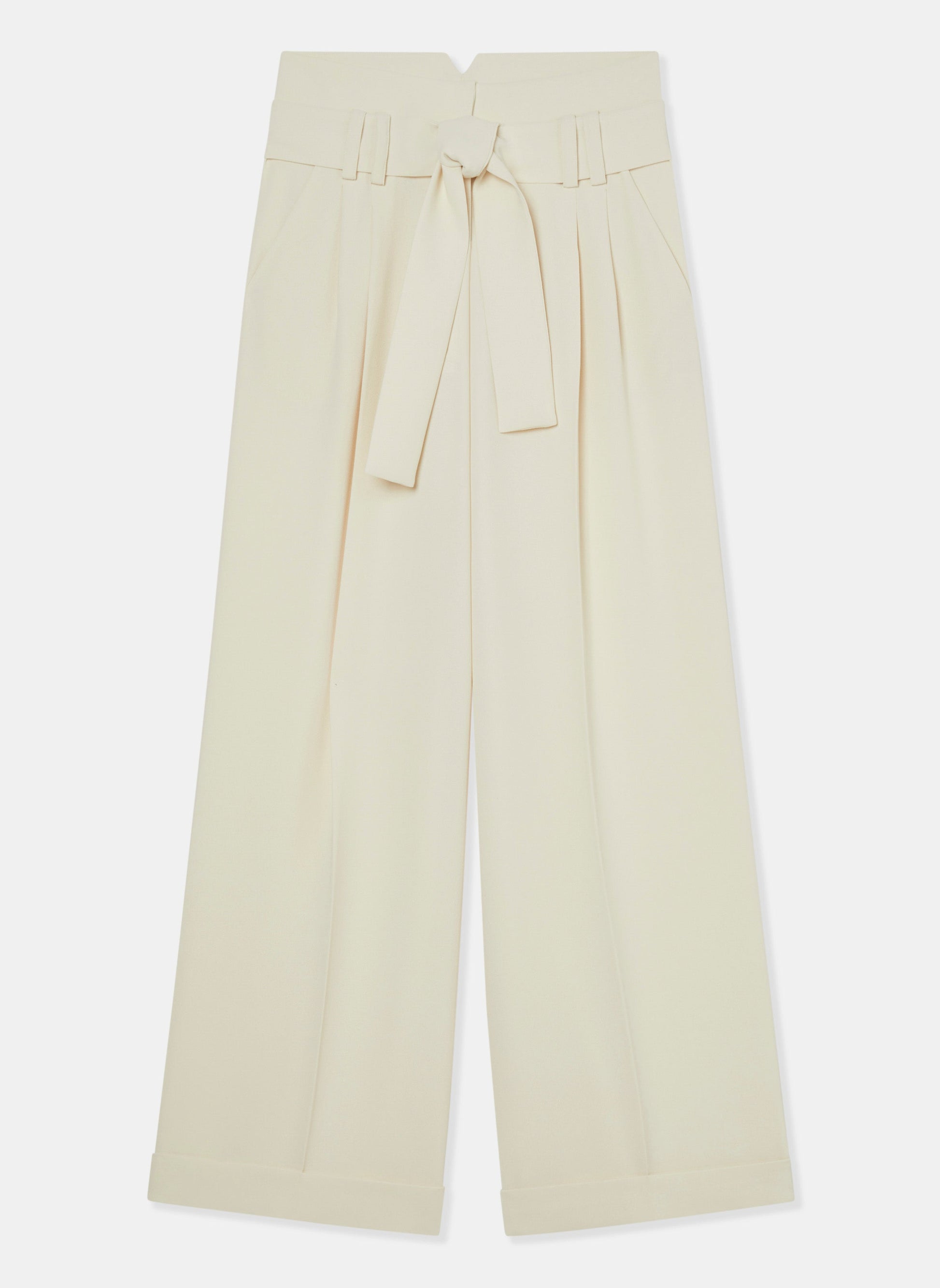 High-waisted ecru wide-leg flannel pants with a belted waist, side pockets, and cuffed hems. Elegant and versatile.