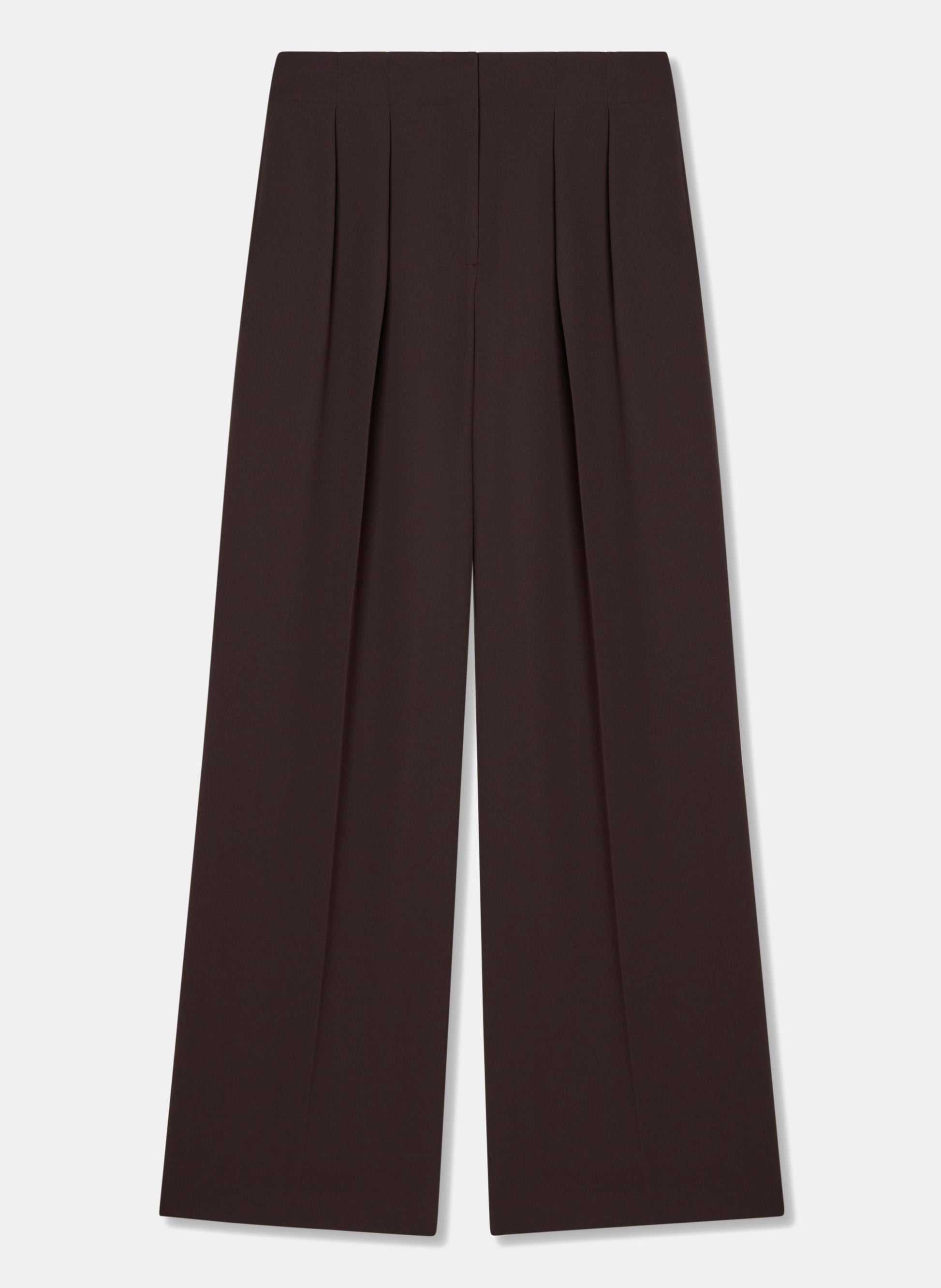 Long brown crepe pants with invisible zip.