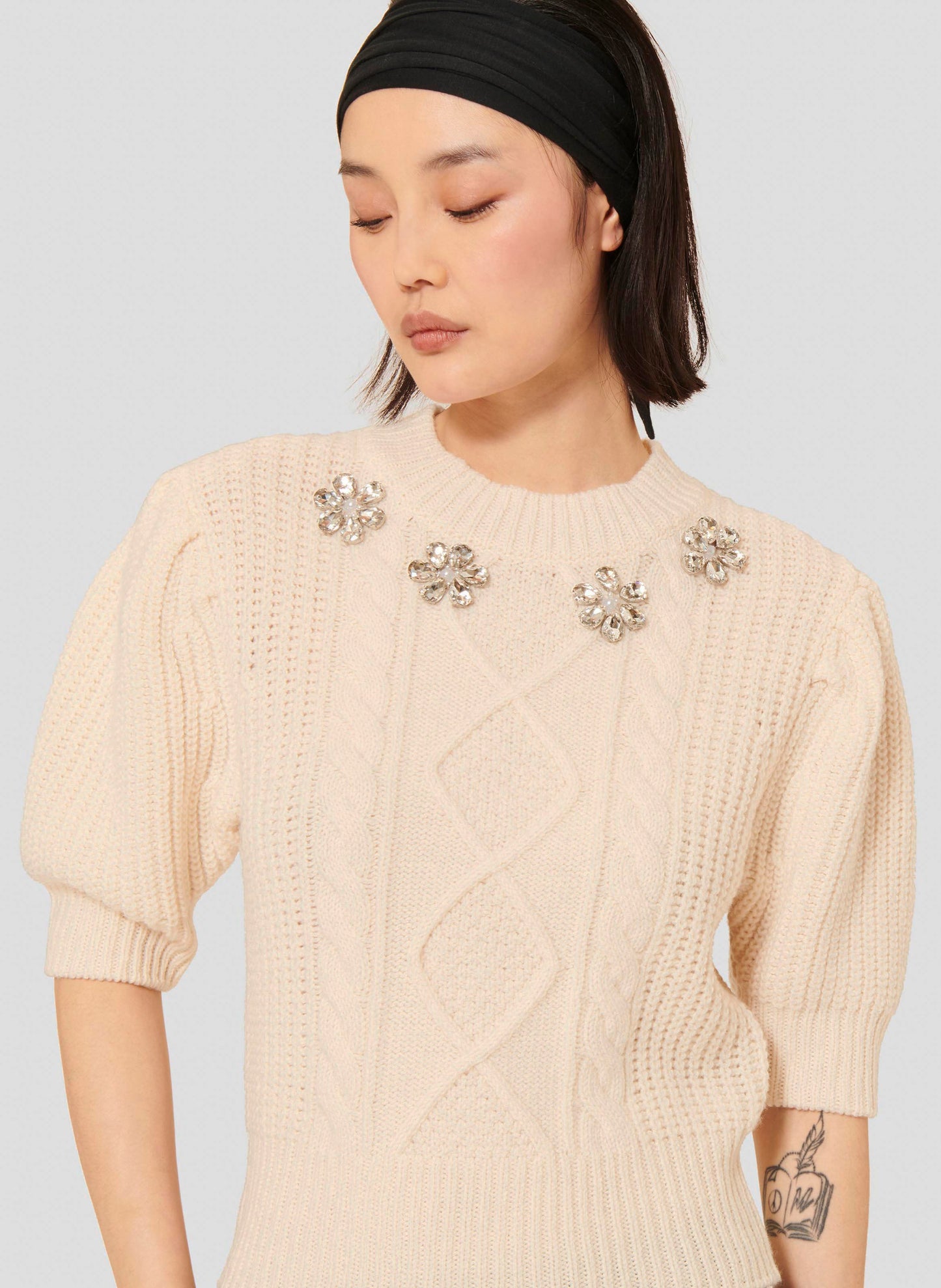 Chunky Ecru Knit Sweater with Cable Stitch Pattern and Crystal Accents.