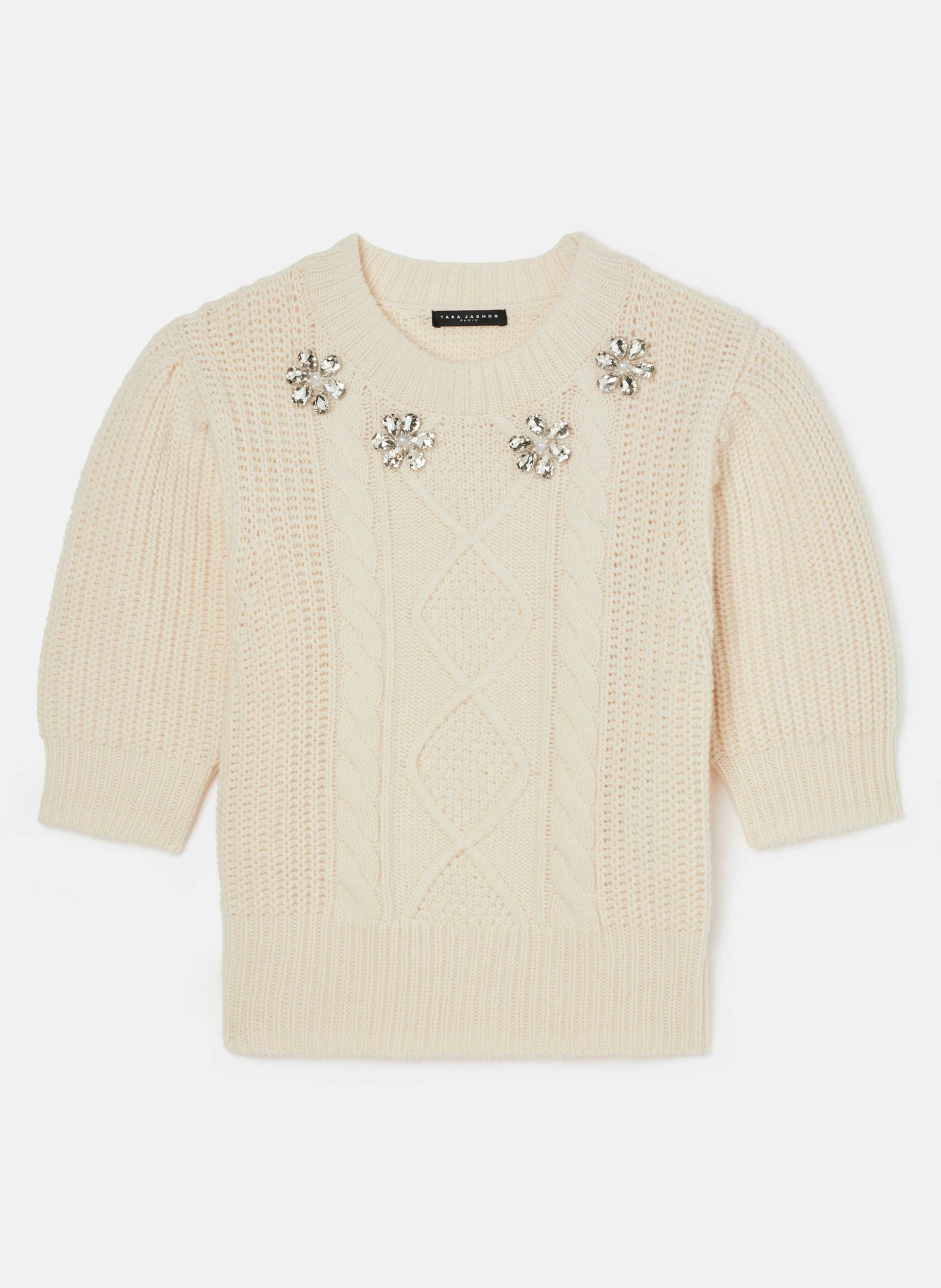 Ecru Stylish Sweater Featuring a Round Neckline, Puffed Sleeves, and Embellishments.