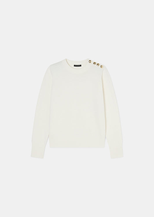 Women's Ecru Soft Wool Crewneck Sweater with Gold Buttons and Gingham Cuffs.