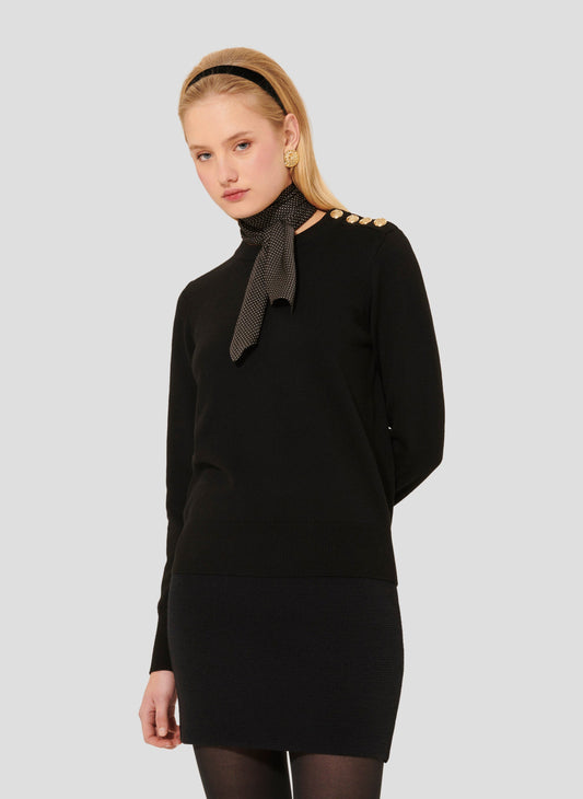 Women's Black Soft Wool Crewneck Sweater with Gold Buttons and Gingham Cuffs.