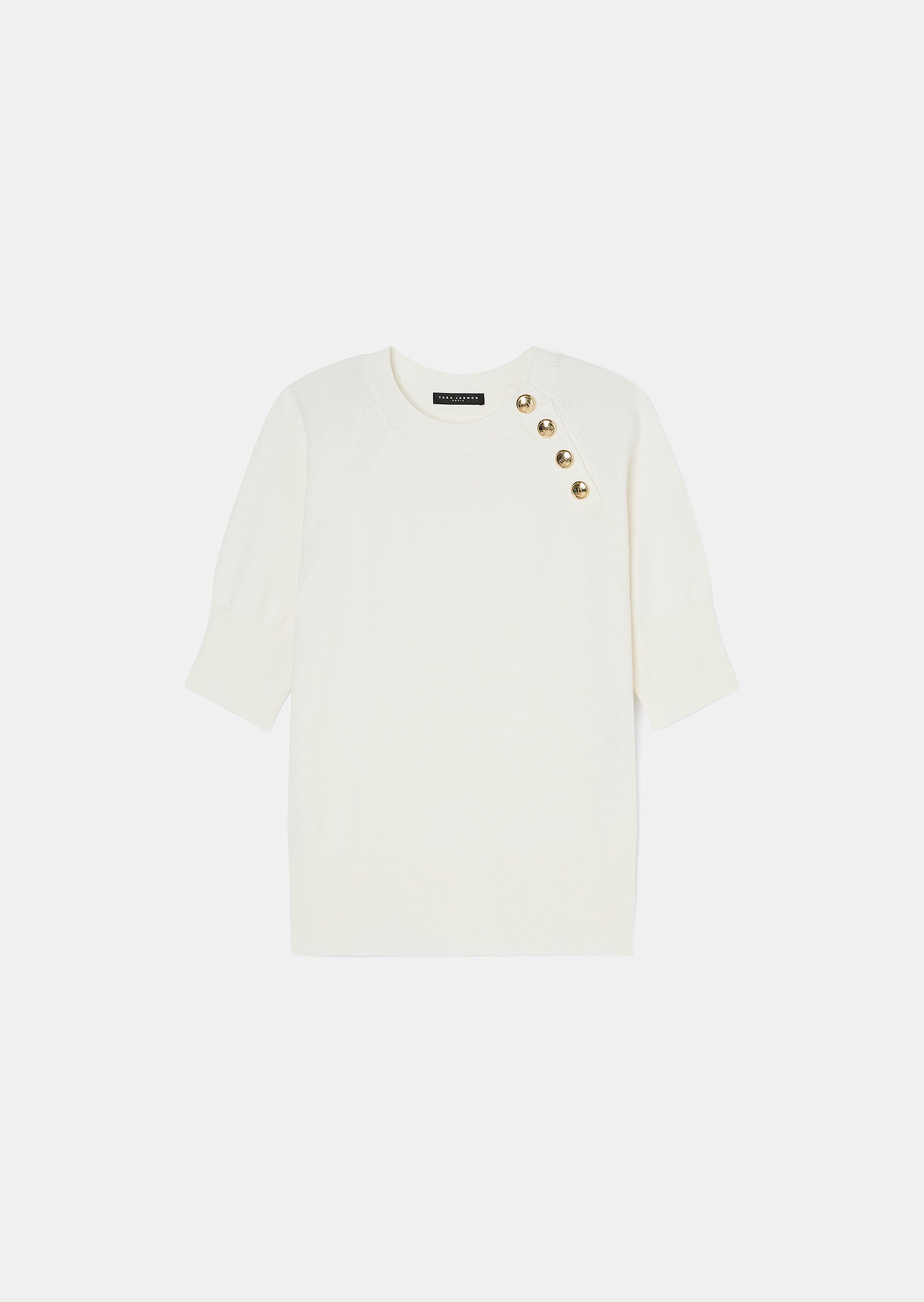 Women's Soft Wool Sweater with Round Collar, Short Sleeves, and Gold Buttons.
