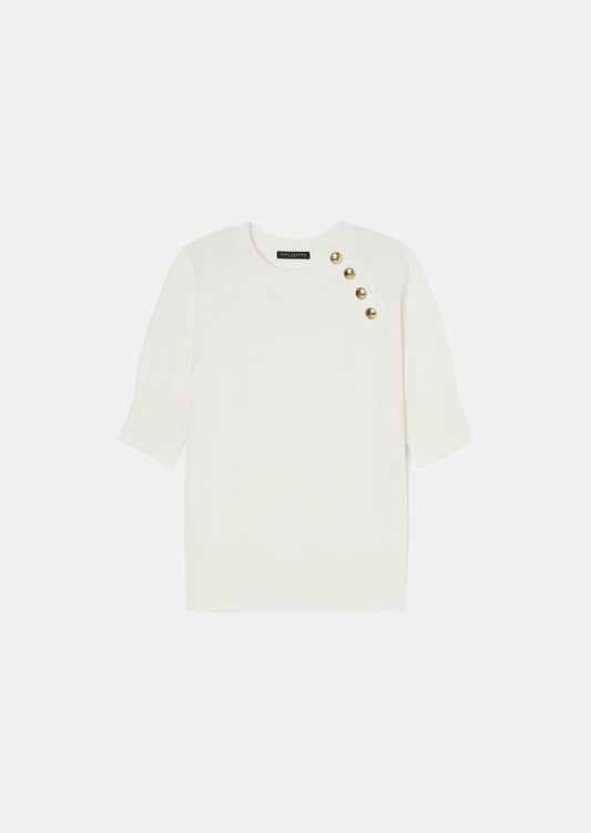 Women's Soft Wool Sweater with Round Collar, Short Sleeves, and Gold Buttons.