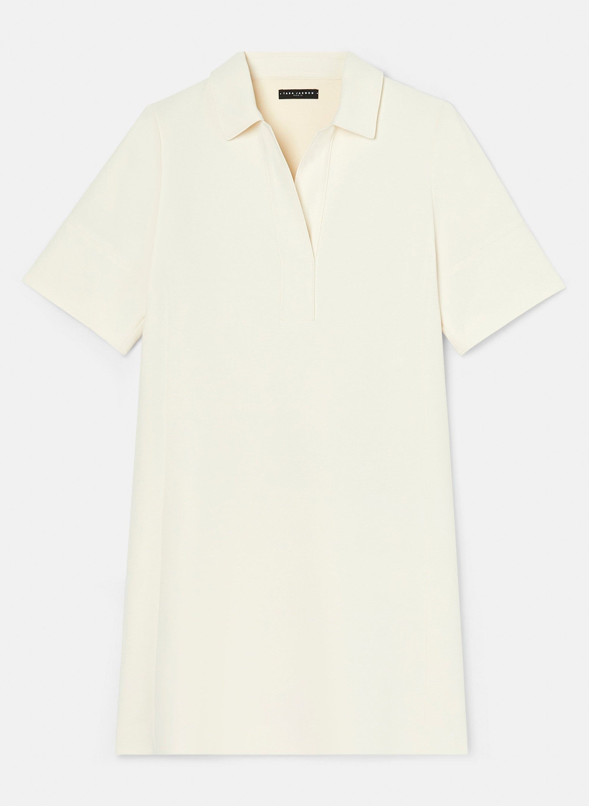 Short Sleeves Crepe Off-White Dress with Shirt Collar.