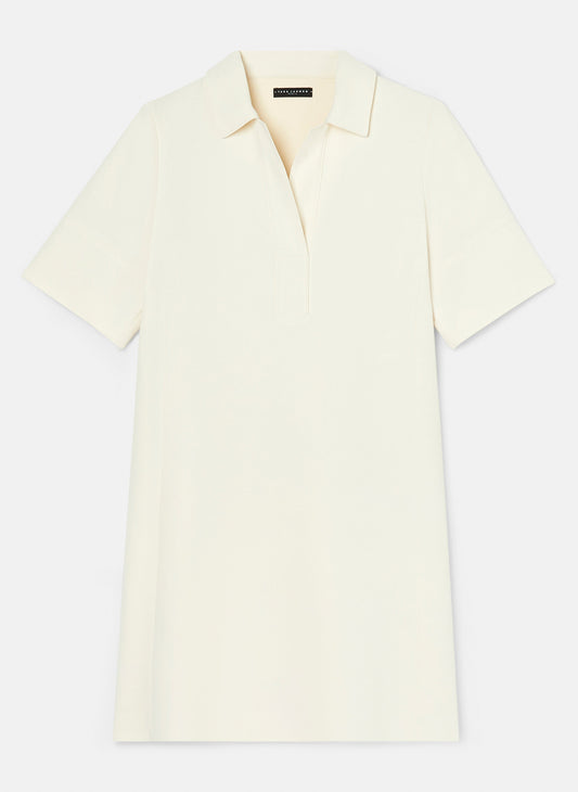 Short Sleeves Crepe Off-White Dress with Shirt Collar.