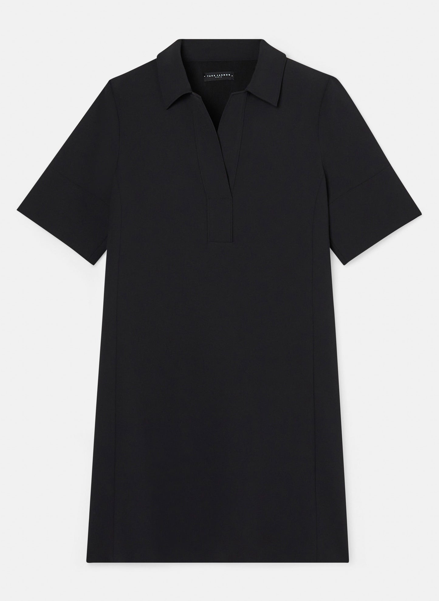 Short Sleeves Crepe Black Dress with Shirt Collar.