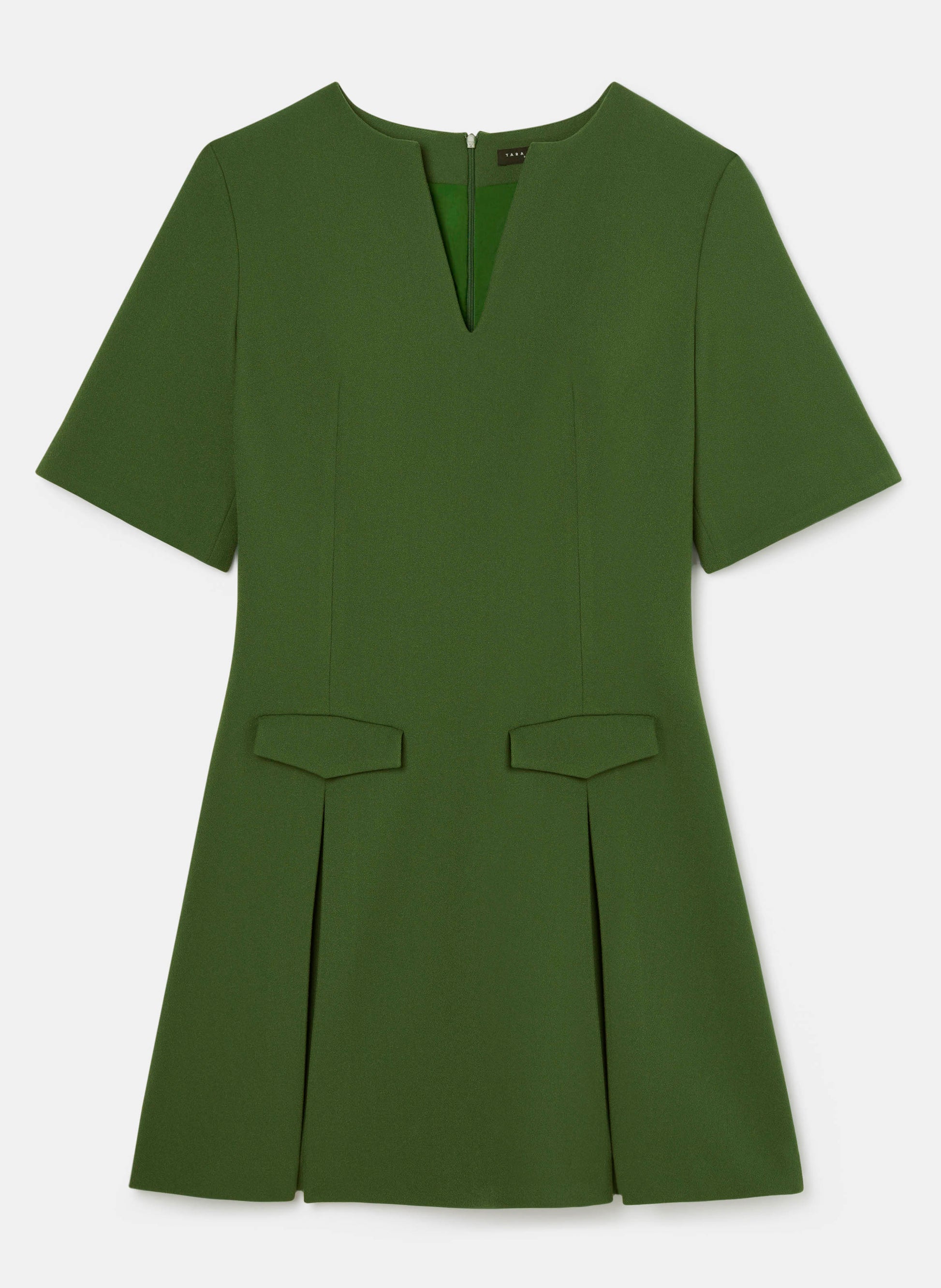 Short-Sleeved Flared Dress in Emerald Green with Round Split Neckline.