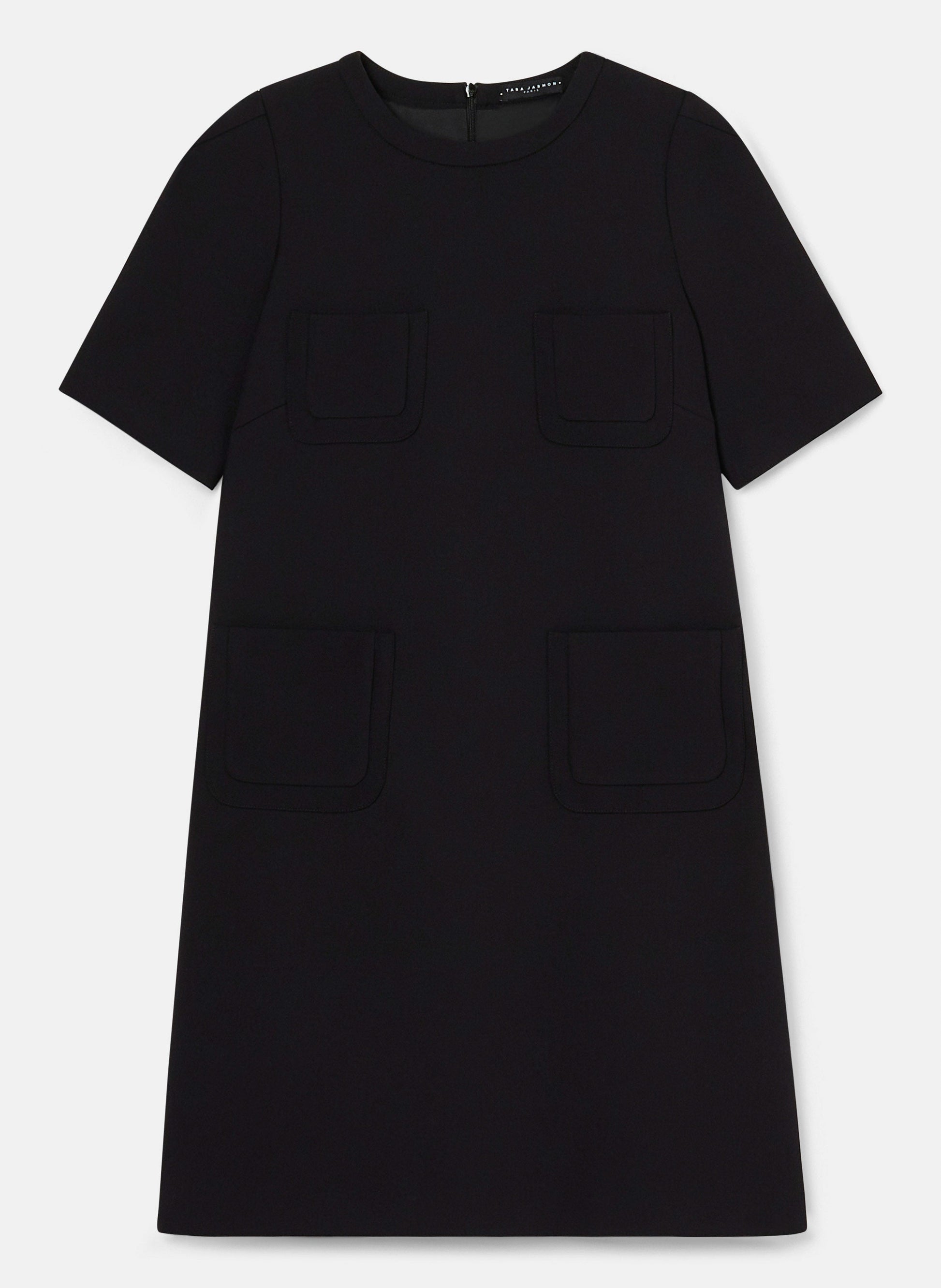 Black short dress with patch pockets and round neckline.