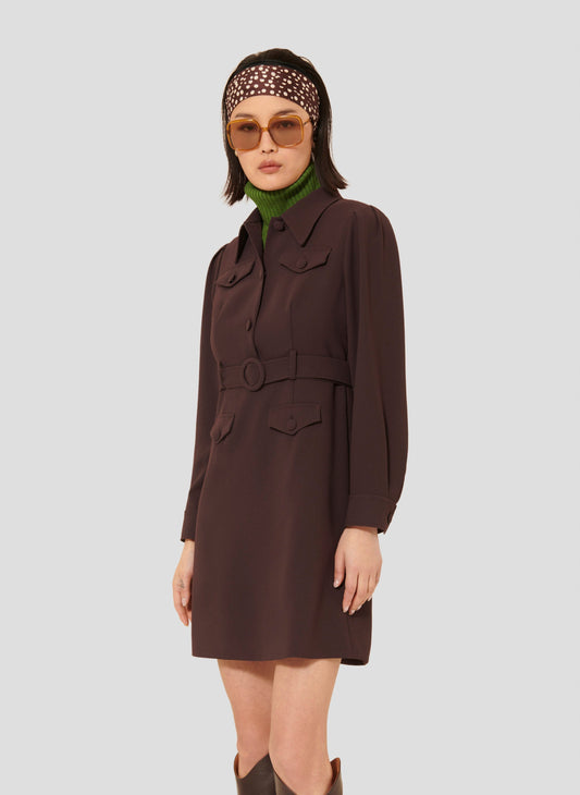 Model wearing Tara Jarmon short brown crepe dress with shirt collar.