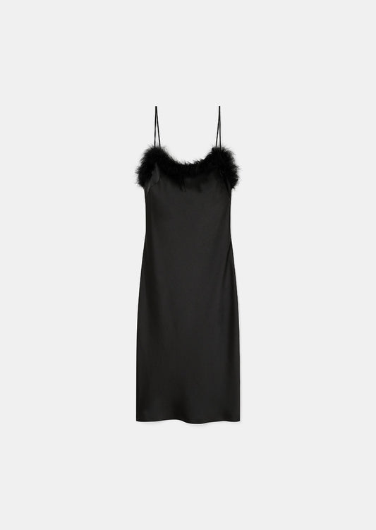 Black Elegant Satin Slip Dress with Faux Fur Trim and Side Slit.