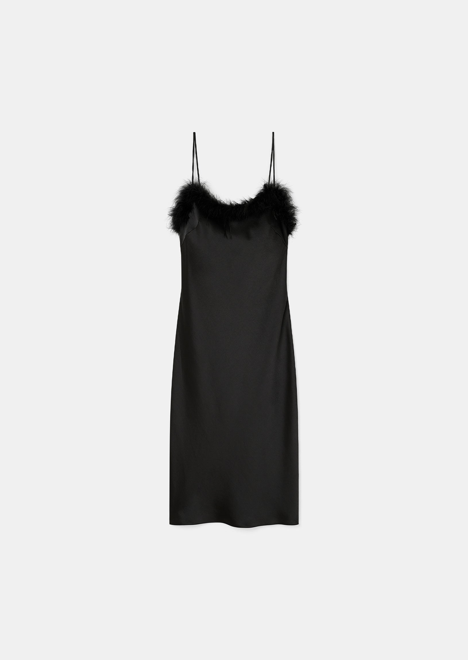 Black Elegant Satin Slip Dress with Faux Fur Trim and Side Slit.