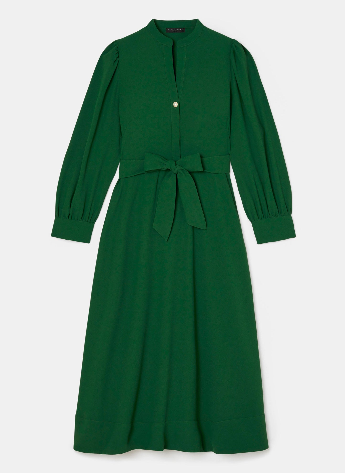 Emerald Green Long Dress with V-Neck and Buttoned Cuffs.