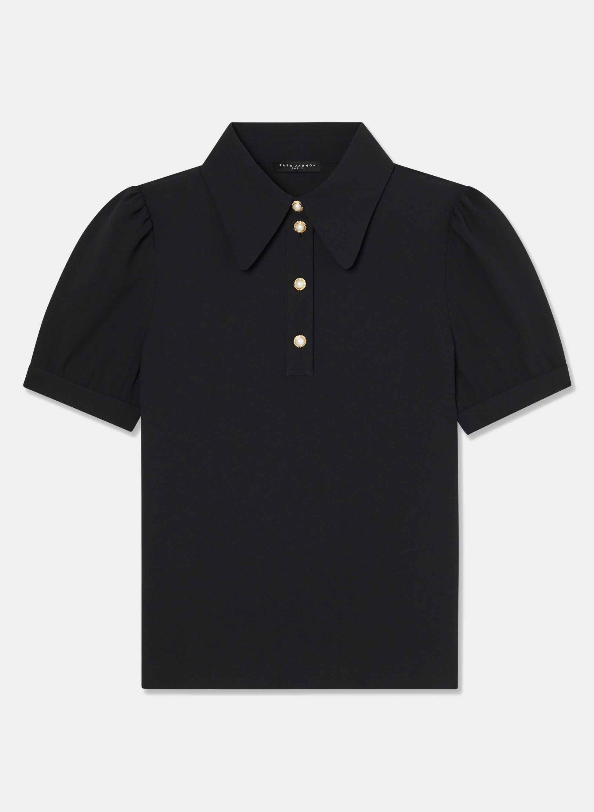 Black top with short balloon sleeves, buttoned cuffs, and a shirt collar.