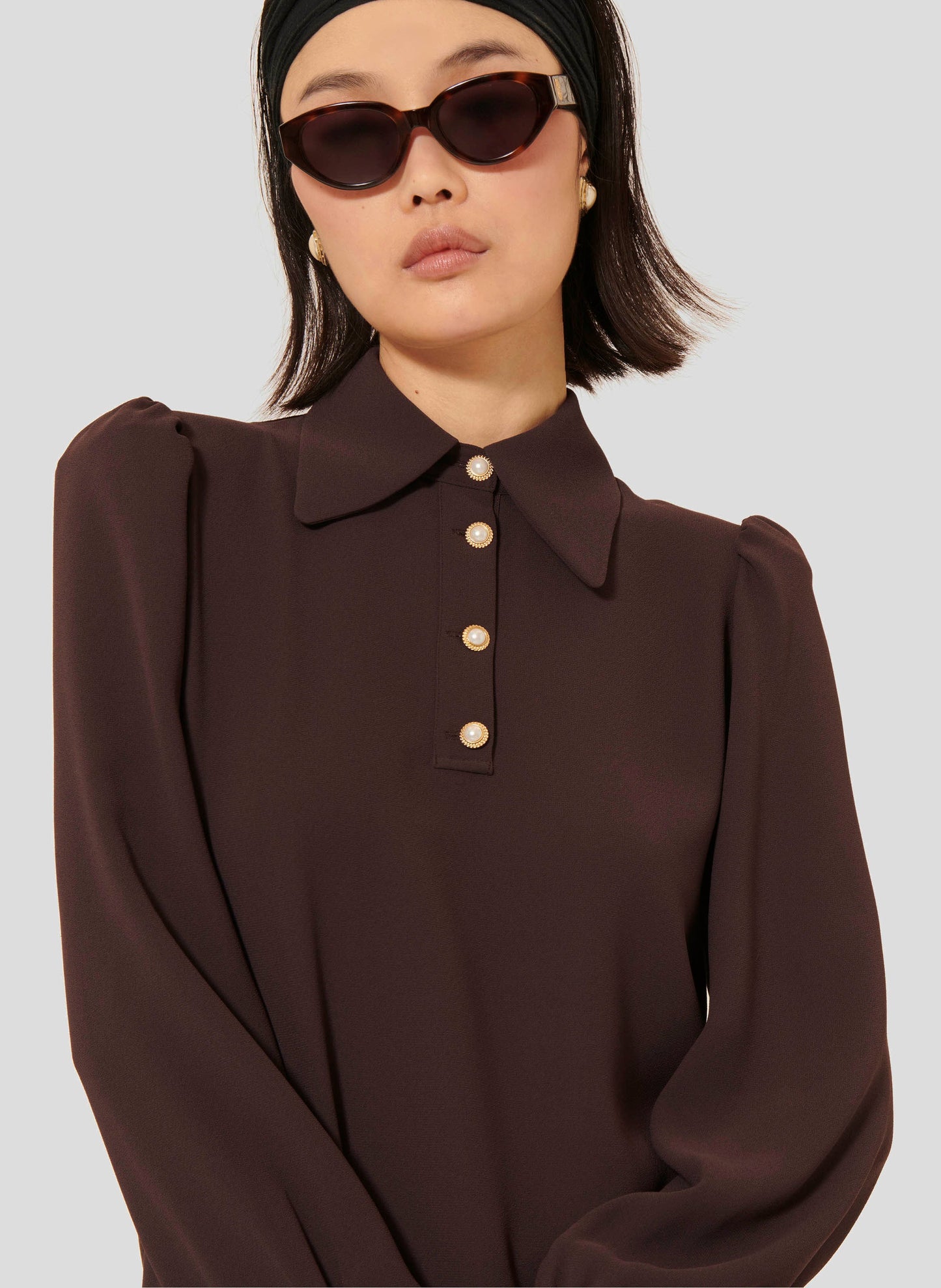 Brown Long Sleeves Top with Jeweled Buttons. 