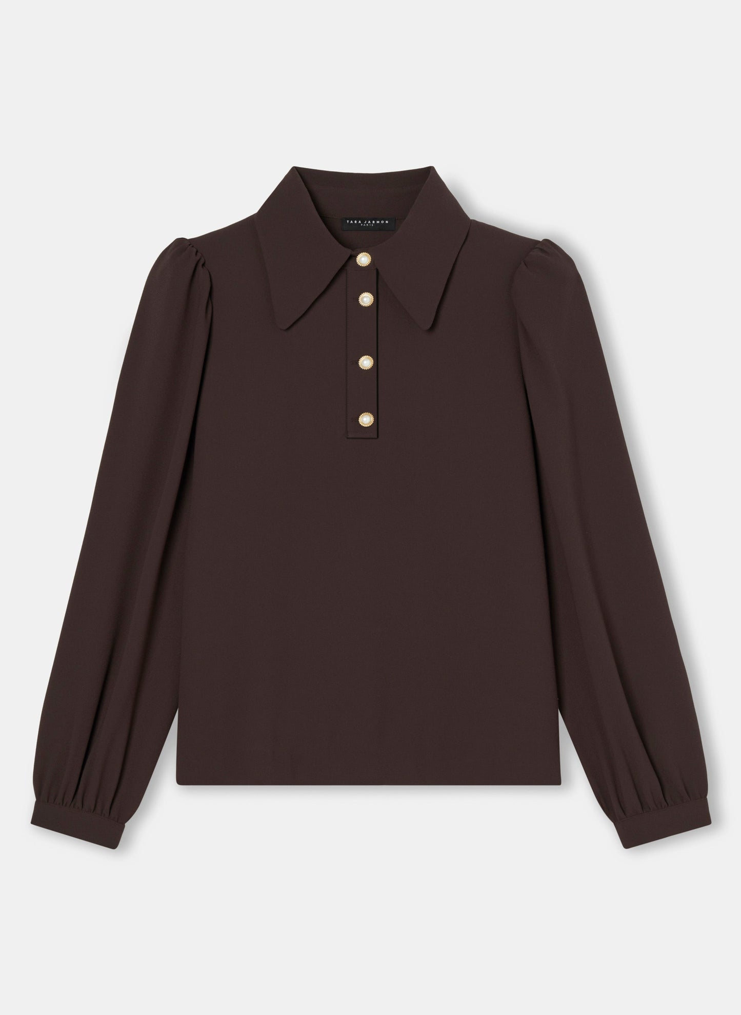 Brown top with long balloon sleeves, buttoned cuffs, and a shirt collar.