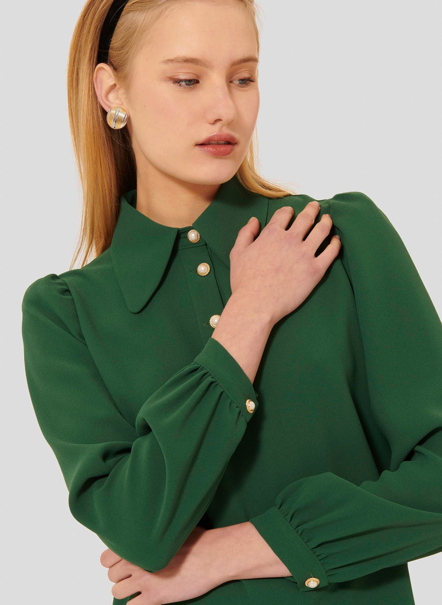 Green Long Sleeves Top with Jeweled Buttons. 