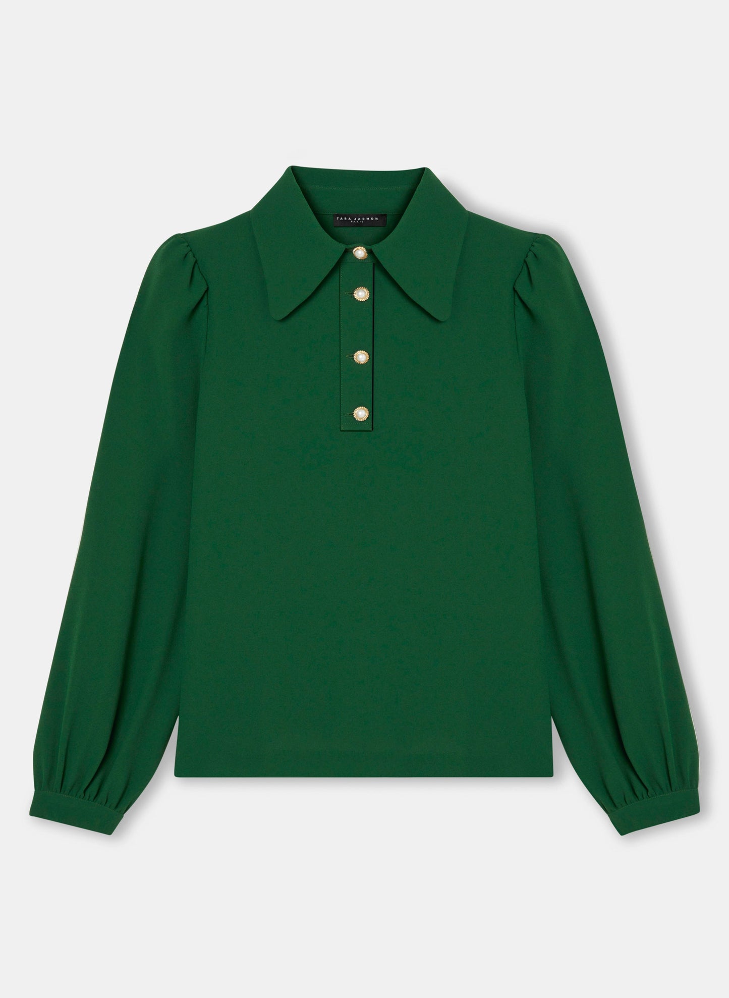 Green top with long balloon sleeves, buttoned cuffs, and a shirt collar.