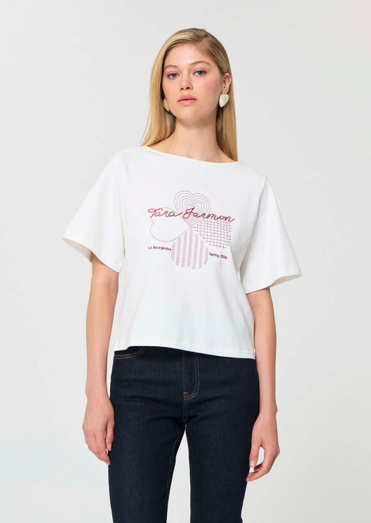 T-shirt in white embroidered cotton clover