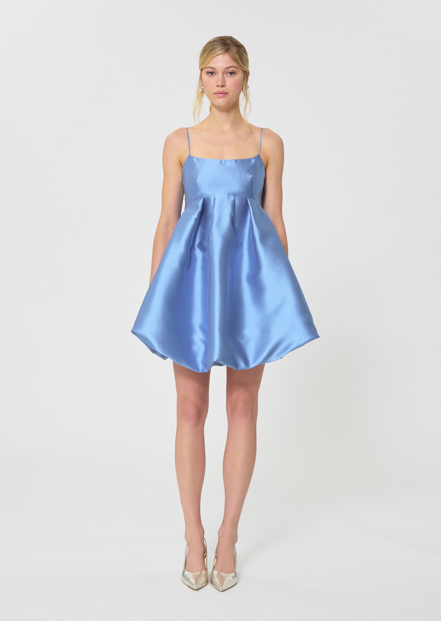 dress in sky blue duchess satin