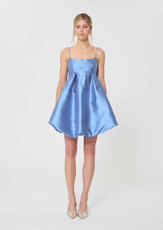 dress in sky blue duchess satin