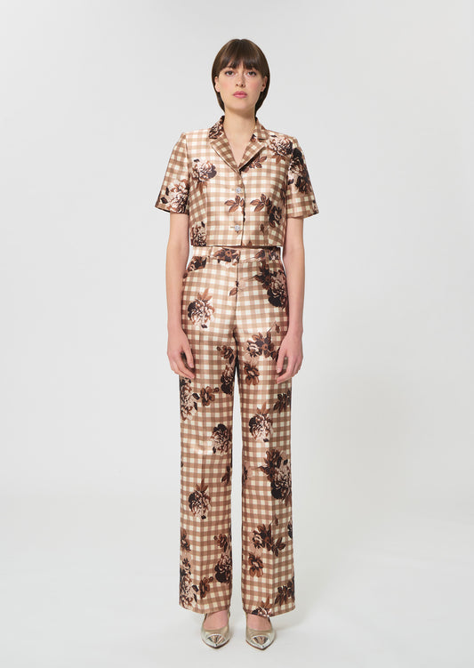 trousers in beige gingham print