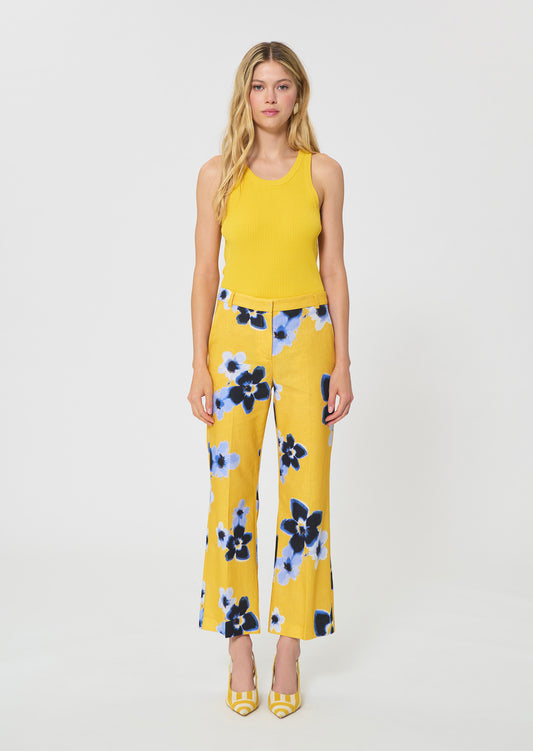 trousers in yellow floral printed linen and cotton
