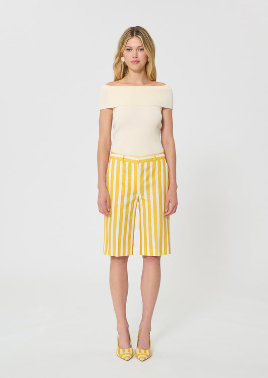 shorts in yellow striped linen and cotton