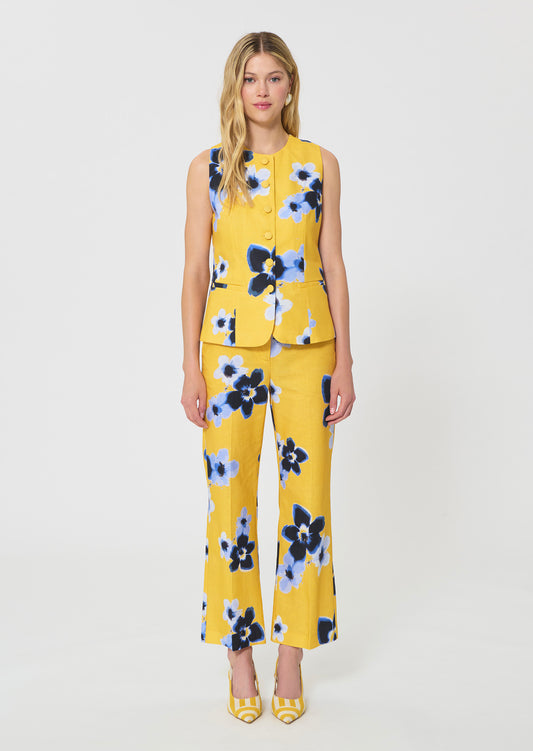 vest in yellow floral printed linen and cotton
