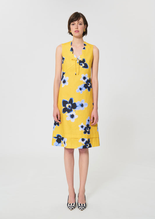 dress in yellow floral printed linen and cotton