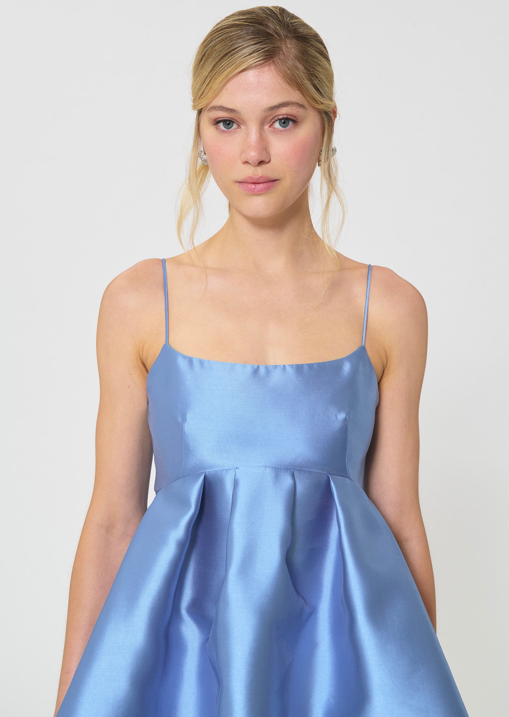 dress in sky blue duchess satin