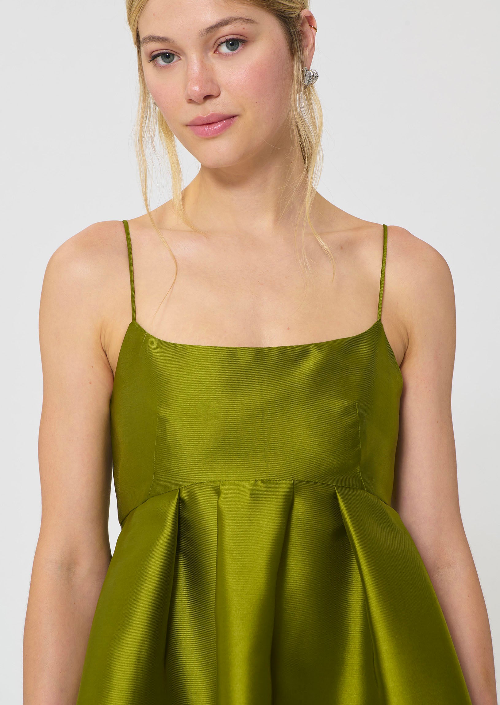 dress in green duchess satin