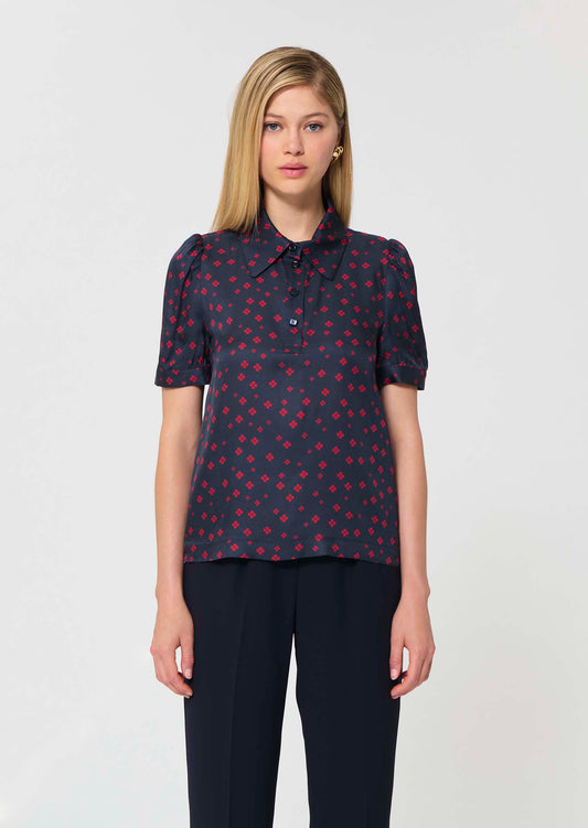 top in midnight blue with mini clover print