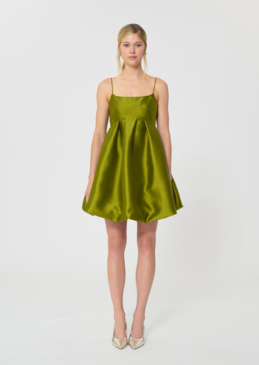 dress in green duchess satin