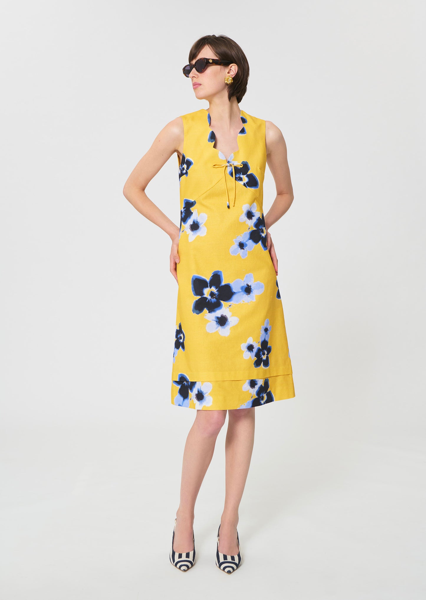 dress in yellow floral printed linen and cotton