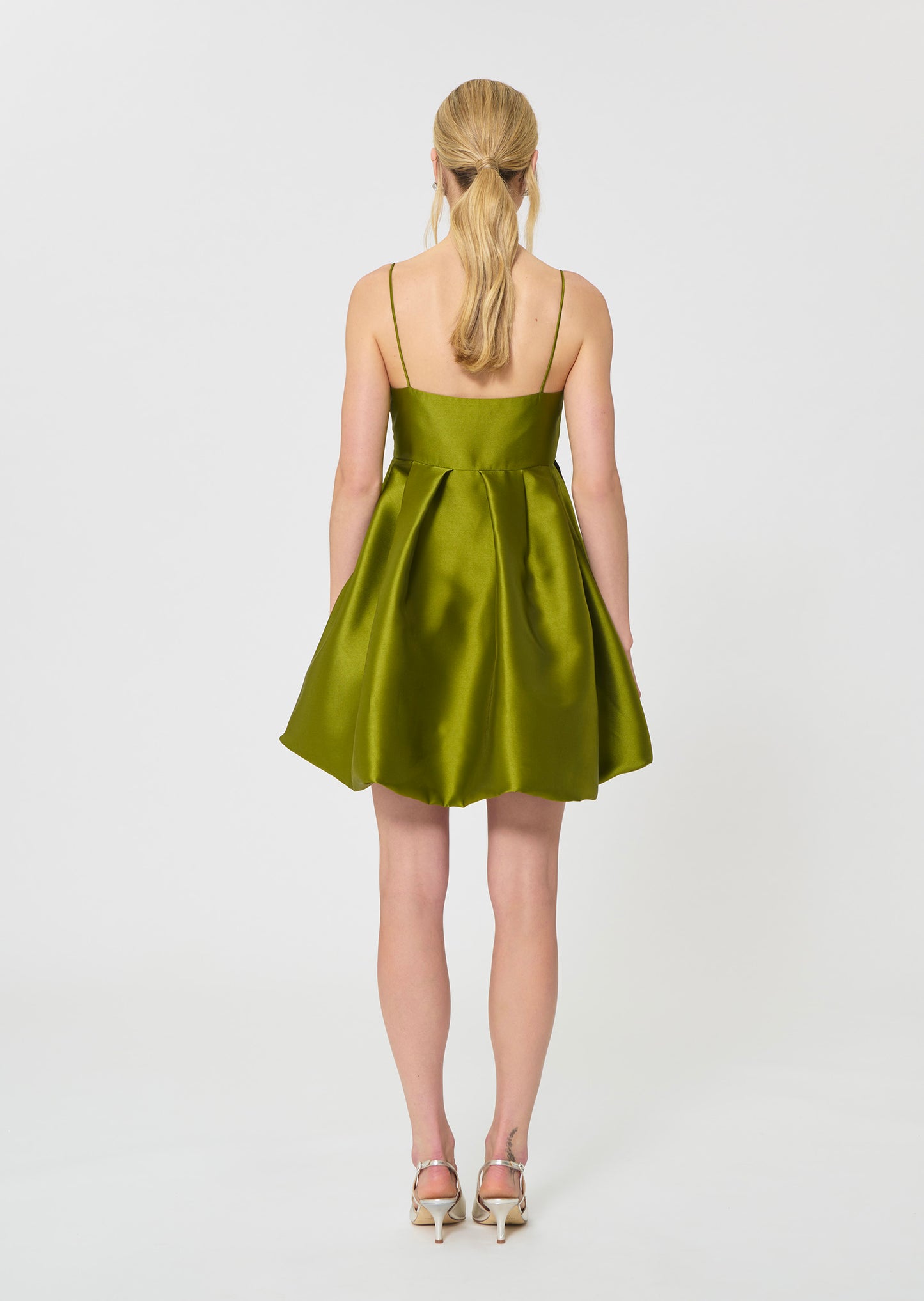 dress in green duchess satin
