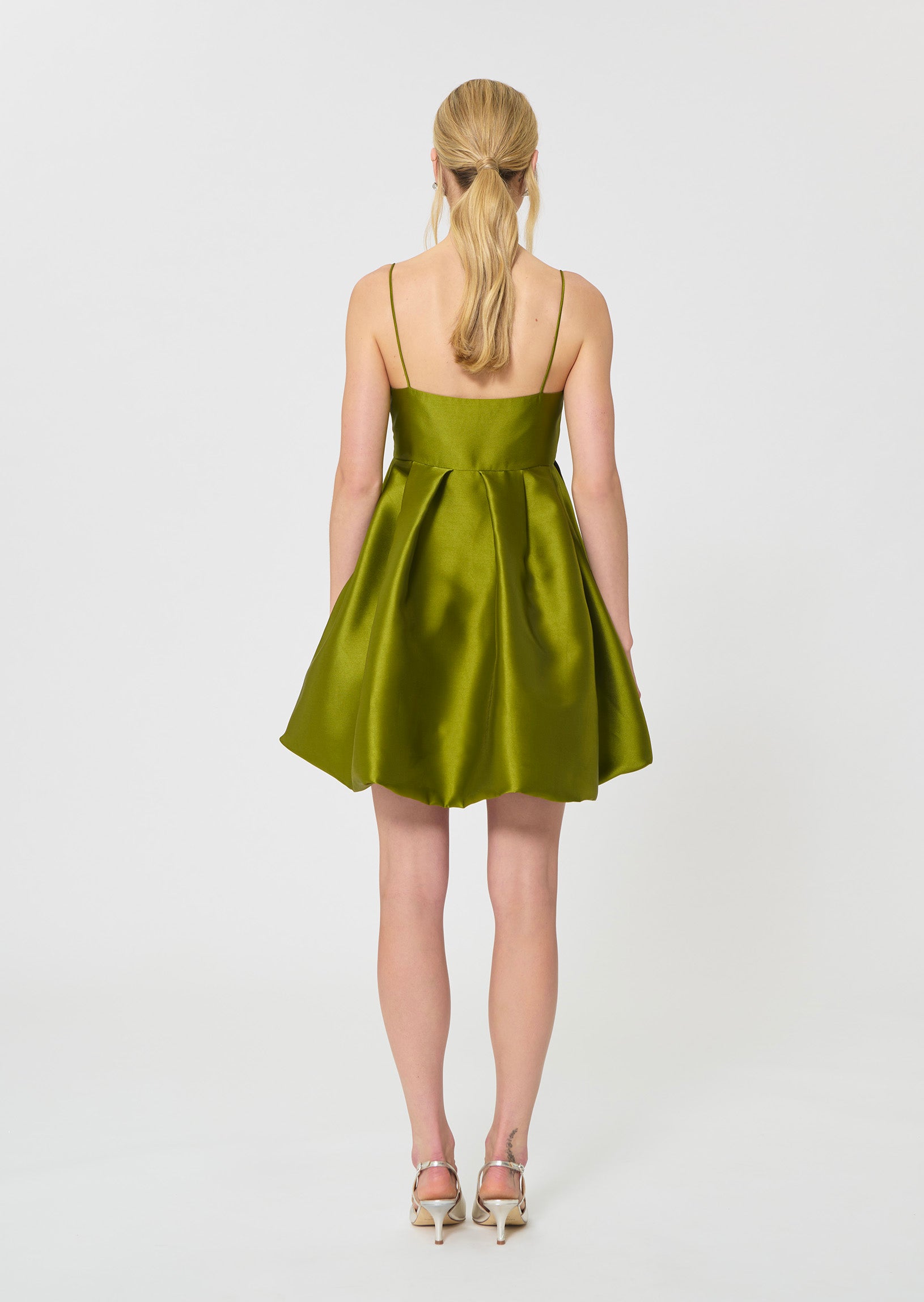 dress in green duchess satin