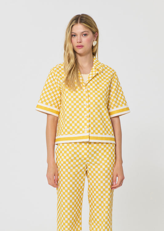 shirt in yellow checkered pattern linen